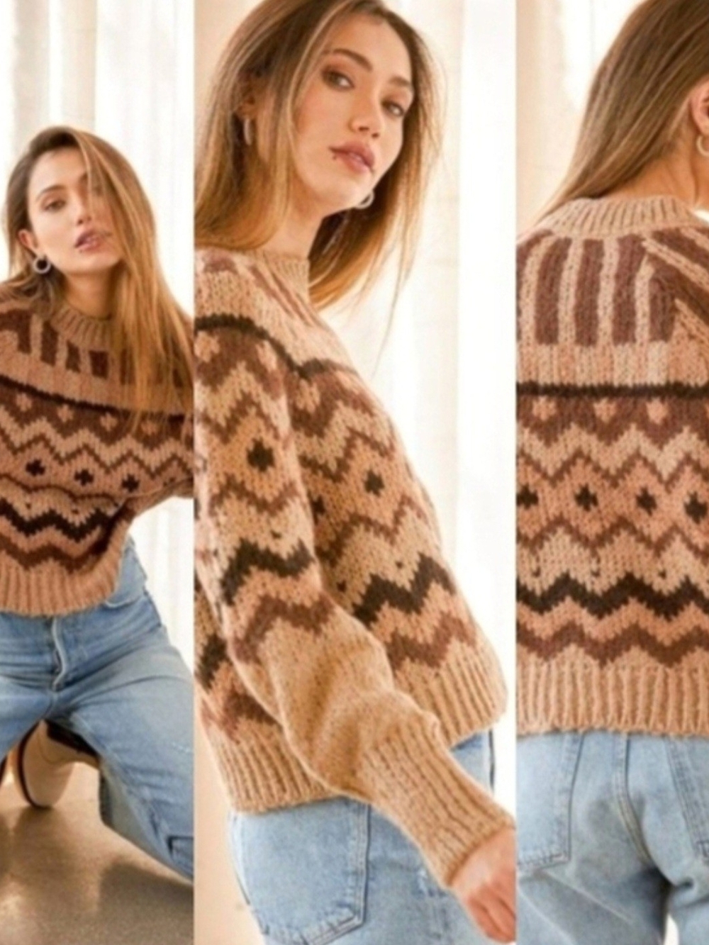 By Anthropologie Caramel Chai Carson Fair Isle Geo Chunky Knit  Crewneck Sweater - Picture 3 of 7